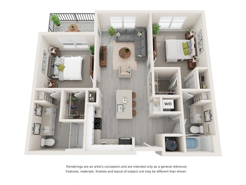 Floor plan for 2 beds, 2 baths, 1023 sqft